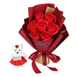 Mini嚴選 仿真7朵玫瑰小熊花束 附禮袋 紅玫瑰 告白求婚禮物, 1組