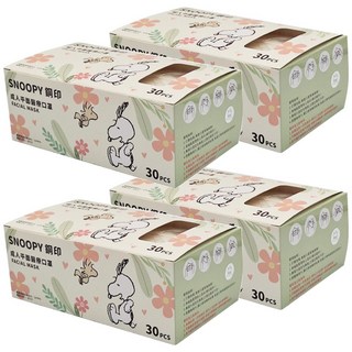 mitenxin 天心生醫 史努比鋼印成人平面口罩, 花朵系列 白色, 30片, 4盒