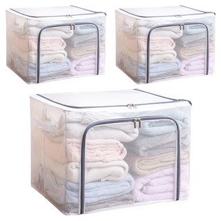 雙開口PVC鋼架衣服收納箱, 藏灰色, 3個