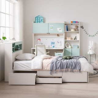 꿈꾸는요셉 아동용 미우 조명 수납 침대 프레임 + 독립 미니스프링 매트리스 세트 방문설치, 민트(헤드), 아이보리(프레임), 베이지(매트리스)