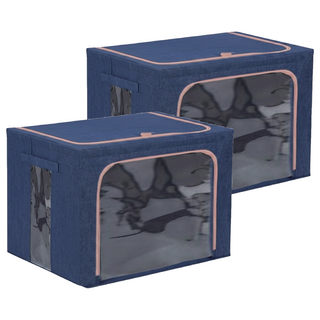 棉麻款衣物鋼架收納箱 66L, 藏青棉麻, 2個