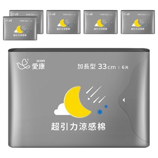 icon 愛康 超引力涼感棉 6片 6包 - 涼感衛生棉 夜用 草本精油, 加長型(33cm)