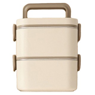 couselect 韓式風可微波雙層便當盒 304不鏽鋼保溫飯盒 學生手提午餐盒 12.5 x 12.5 x 14cm 1.4L, 米白色, 1個, 12.5cm