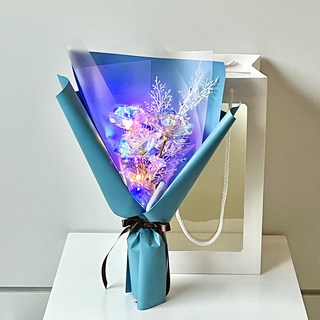 Midown Flower人造花 全息玫瑰迷你花束 LED三朵 + 雪花人造花 + 購物袋, 海水藍, 1套