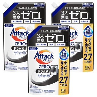 Attack 一匙靈 zero 洗衣精 滾筒式 專業洗衣分解頑固髒污 全方位清潔新選擇 ZERO洗淨技術, 810g, 3個