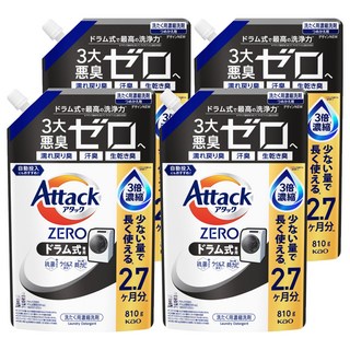 Attack 一匙靈 zero 洗衣精 滾筒式 專業洗衣分解頑固髒污 全方位清潔新選擇 特大 洗淨技術, 810g, 4個