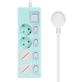 One Stop 零間隙超薄扁平彩色獨立開關 16A 4孔延長線 + 安全蓋 2入組, 3m, 1個, 粉彩薄荷