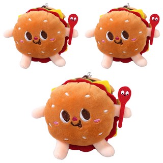 可愛食物絨毛鑰匙圈 短毛絨材質 觸感滑順舒適 速食造型伴你身邊, 10cm, 漢堡 棕色, 3個