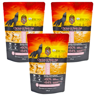 AMBROSIA 安柏希雅 幼母犬用 無穀鮮肉犬糧 全犬種適用 超過60%動物成分, 雞肉 + 鮮魚, 100g, 3包
