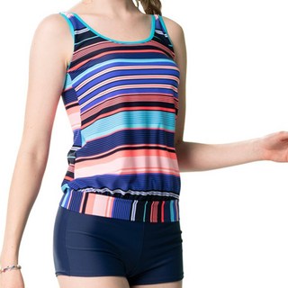 Summerlove 大女長版二件式泳裝 含長版上衣、四角褲、泳帽, 藍色 + 橘色