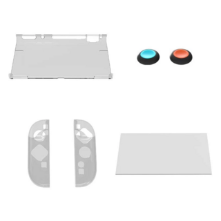 Switch2主機透明水晶殼 + 左右手柄TPU套 + 鋼化玻璃膜搖杆帽保護殼組, 1組, 單一商品, 混和顏色