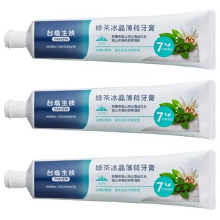 TAIYEN 台塩生技 綠茶冰晶薄荷牙膏，阿爾卑斯山雪絨花，高山茶香, 150g, 3條