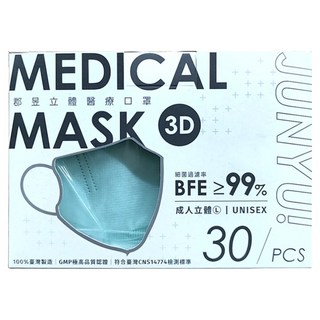 JUN 郡昱 3D成人立體醫療口罩 L, 30片, 1盒, 冰湖綠