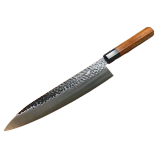 丸之內 桐系列 類黑打劍型牛刀 附內絨面防刮黑色塑料刀夾 5cm刀寬 143mm柄長 228g重 2.5mm刀厚 三合不鏽鋼 (9Cr18CoMov) 59 +- HRC硬度 八角硬木柄, 24cm, 1支