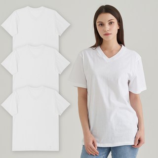BASE ALPHA ESSENTIALS 男女適用純棉V領短袖上衣 3件組, Clova White