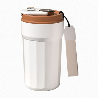 測溫316不鏽鋼陶瓷內膽智能雙飲輕奢保溫咖啡杯, 咖色, 450ml, 1個