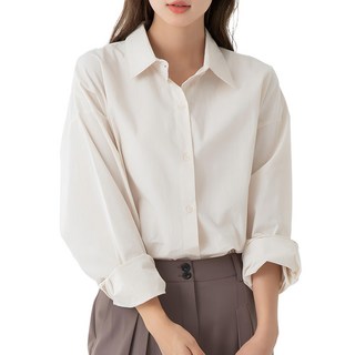 CARET 女款日常寬鬆襯衫 - 100%純棉, 長袖, Free Size, 淺米色