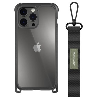 MAGEASY 超軍規防摔掛繩手機殼 iPhone 14 6.1吋, 皮革黑/經典黑
