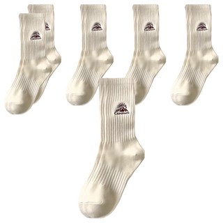 文青露營 個性時尚 雪山刺繡 長襪 Set 6雙 棉+聚酯纖維, 奶白色, 26cm