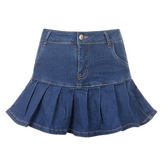 復古A字百褶牛仔短裙 附安全褲和口袋