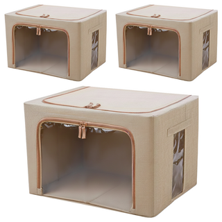 收納部屋 棉麻衣物整理箱 66L, 米色, 3個