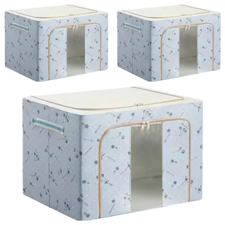 小麥購物 大容量防潑水牛津布雙門單視窗衣物鐵架收納箱 66L, 藍色小草, 3個