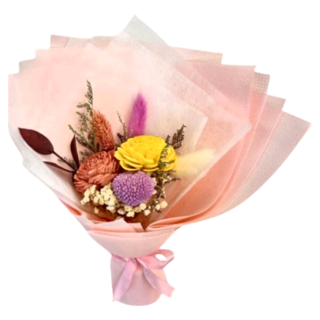 A-ONE 匯旺 焦糖黃索拉玫瑰花紫色大球花繡球花永生花束 (花束含包裝紙尺寸約25 x 25公分), 彩色