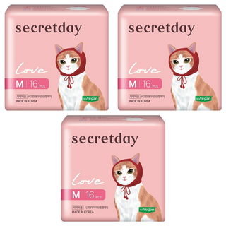 secretday 韓國原裝進口 Love系列 衛生棉 蝶翼型, M(24.5cm), 16片, 3包