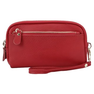 LIKEHOUSE 真皮頭層牛皮三拉鍊手拿包 女士手機包女夾附手腕帶, 夕陽紅