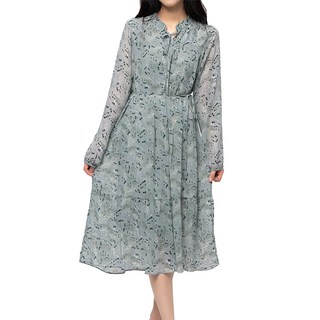 CARET 女款碎花雪紡洋裝 繫帶 襯衫領 長版, 均碼, 淺藍