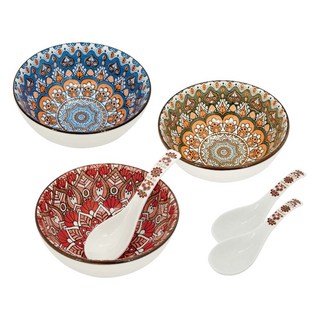 松村窯 波西米亞風 碗匙套裝 3碗3匙, 多色, 3個碗 + 3個湯匙, 1組