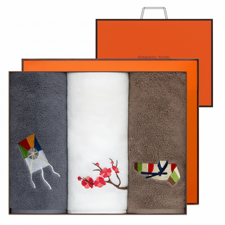 Songwol 松月 雅緻刺繡毛巾 3入禮盒組 150克 棉紗 + 購物袋, 1組, 象牙白+深灰+深咖