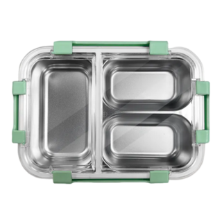 Green Bell 綠貝 316分隔密扣保鮮餐盒 雙層隔水保溫 防燙手 堅固耐用 四面鎖扣設計, 不鏽鋼餐盤 + PS上蓋, 綠色, 1個