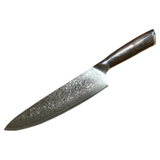 10鉻大馬鋼8吋牛刀 單花鉚釘柄西餐刀 專業廚房刀具 切割肉類更輕鬆, 原木色積層塑料刀柄、大馬士革花紋刀刃, 333 x 198 x 49mm, 1支