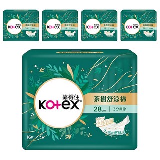 Kotex 靠得住 茶樹舒涼 涼感衛生棉 3分微涼 護翼型, 夜用一般型 28cm, 16片, 5包