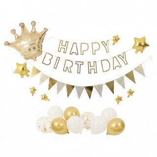 kikimmy 黃金派對造型氣球組 DIY生日主題套組 字母＆三角拉旗 國王皇冠, 黃金色, 1組