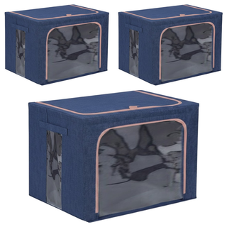 衣物鋼架收納箱 厚實耐用大容量, 50 x 40 x 32.5cm, 藏青棉麻, 3個