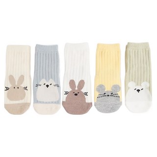 VIVA7 兒童止滑襪5雙組 腳背超萌動物圖案 可愛雲朵防滑 黃色+米色+綠色+藍色+奶油色, 4號 160-180mm