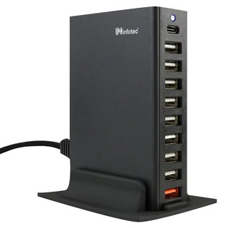 infotec 英富達 桌面型 PD3.0 + QC3.0 + USB 63W 10埠快速充電器 附電源連接線 7.2 x 2.9 x 10.8cm 187.3g, 黑色, 1個