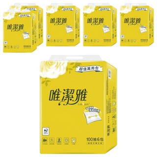 唯潔雅 超值萬用包抽取式衛生紙 100抽 100%原生紙漿 不添加螢光劑, 6包, 6袋