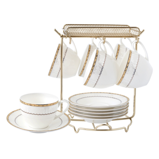 JUST HOME 浪漫日記骨瓷六杯盤組附金架, 金色, 1入, 咖啡杯6個 + 咖啡碟6個 + 杯盤架1個