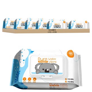 咪咪購物 純水濕紙巾 80抽 不含酒精 不含香精, 10包, 1組