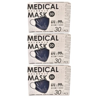 JUN 郡昱 3D成人立體醫療口罩 L, 30片, 3盒, 紳士藍