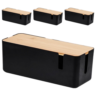 Mega 極簡風木蓋電線收納盒 可壁掛 集線盒 線路收納整理 桌面收納 插座收納 30 x 12.3 x 11.8cm, 消光黑, 4個