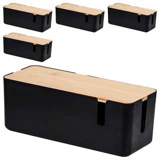 Mega 極簡風木蓋電線收納盒 可壁掛 集線盒 線路收納整理 桌面收納 插座收納 30 x 12.3 x 11.8cm, 消光黑, 5個