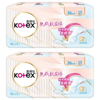 Kotex 靠得住 無感軟Q棉衛生棉 護翼型 日用, 26cm, 32片, 2組