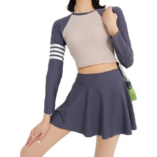 女生分體運動泳衣 長袖褲裙套裝, M, 紫灰色