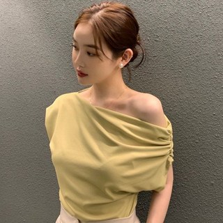 德普羅商務 女款不對稱單肩寬鬆露肩短袖T恤