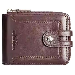 RFID頭層牛皮大口零錢袋拉鍊短夾 男款 14卡片位 2大鈔位 防磁滌綸布, 9.5 x 12.5 x 2.5cm, 咖色