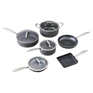 IRIS OHYAMA 愛麗思歐雅瑪 陽極鑽石塗層不沾鍋組, 平底鍋(20cm) + 平底鍋(24cm) + 深煎鍋(26cm) + 單手湯鍋(18cm) + 雙耳湯鍋(24cm) + 玉子燒鍋 + 鍋蓋(18cm/20cm/24cm/26cm), 黑色, 1組